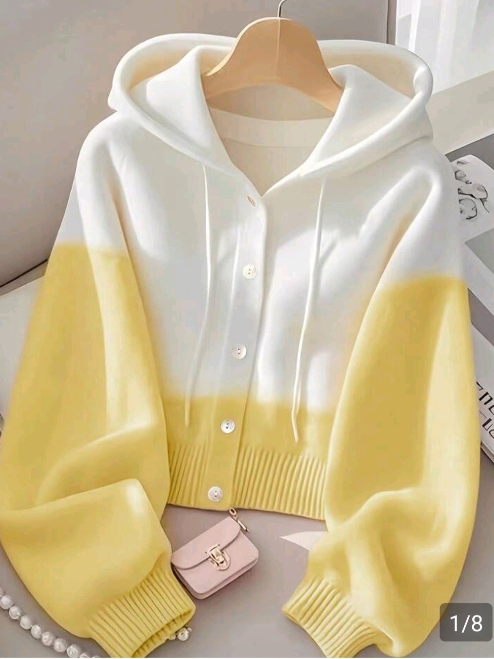 SHEIN White and Yellow Hooded Button Cardigan Sweater Size Xl